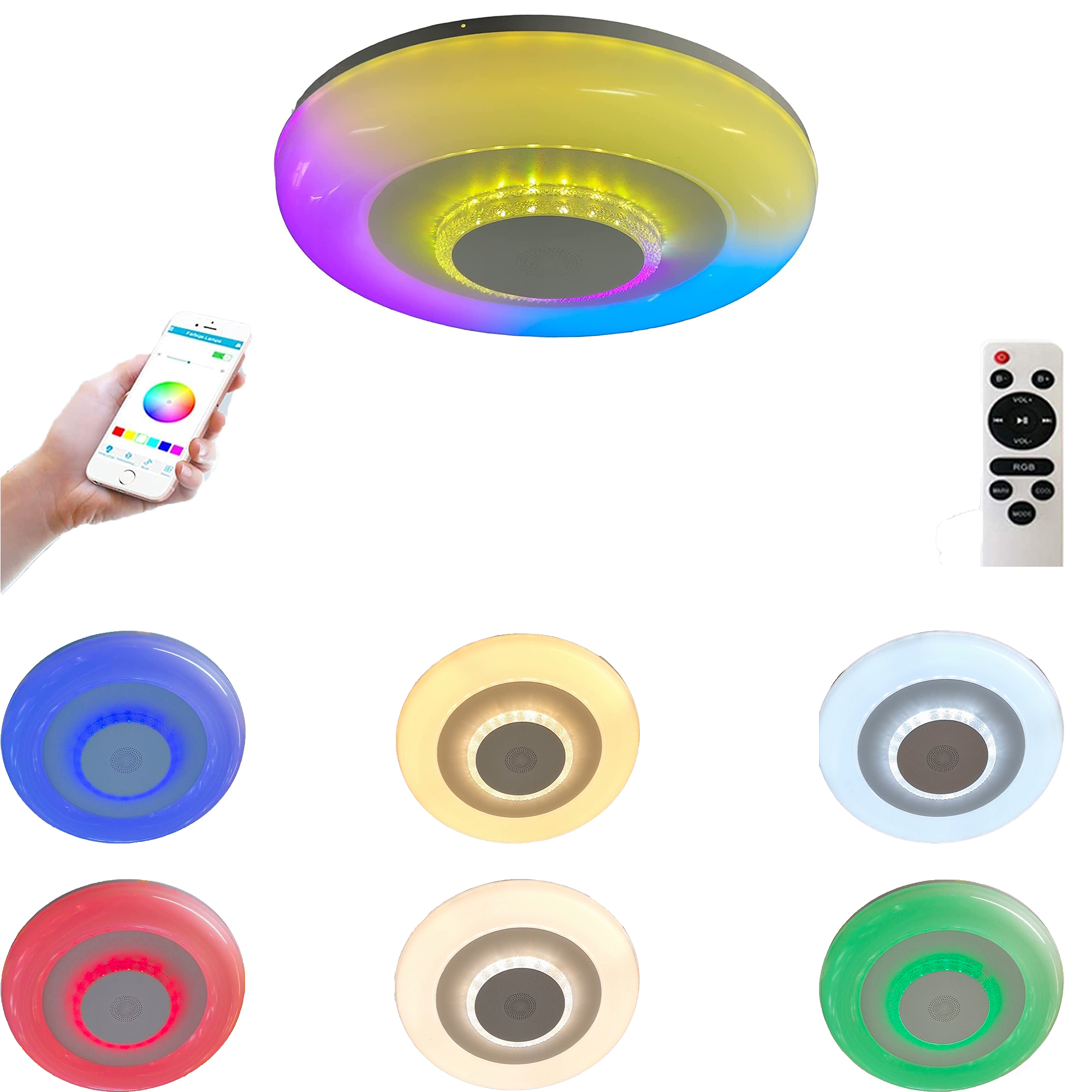 Plafoniera a led rgb piu bianco caldo naturale freddo con cassa bluetooth musica lampadario da soffitto 72w dimmerabile con tele