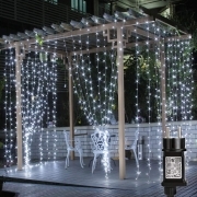 Tenda Luminosa Natalizia da Esterno con 300 LED Bianco Freddo, Luci di Natale, 3x3m, Cavo Trasparente, IP44, 8 Giochi di luce e Memoria, Prolungabile